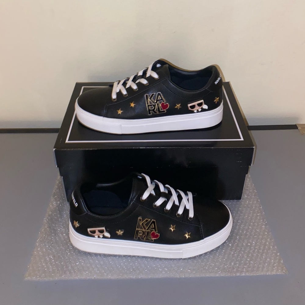 Karl Lagerfeld Black & White Platform Cate Pins Sneakers, Size 7.5 - Picture 3 of 14